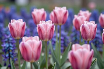 Fototapeta premium A field of pink tulips in the middle of a field of blue flowers