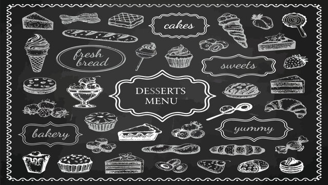 Chalkboard menu design featuring hand-drawn illustrations of various desserts and baked goods