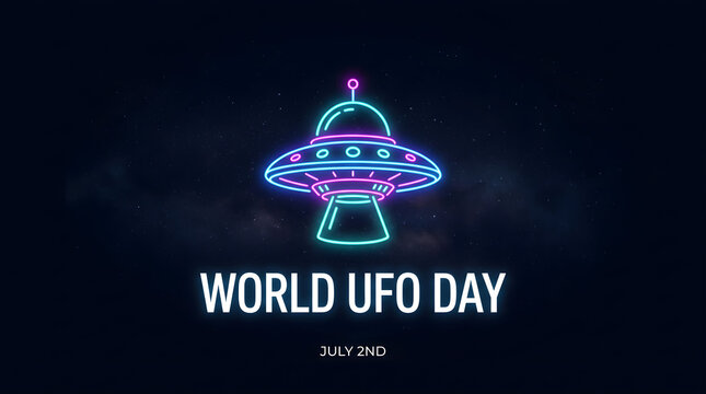 World UFO Day, neon sign, alien spaceship, July 2nd, futuristic logo