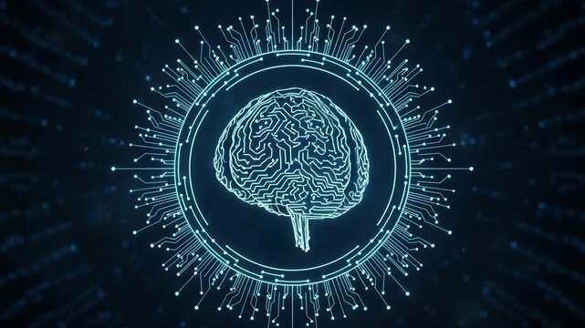Digital Brain Circuitry An intricate digital representation of a human brain glowing with electric blue circuits and radiating outward with technological connections