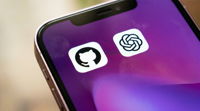 GitHub and ChatGPT app icons on smartphone screen for AI coding tools, OpenAI large language model and developer platform. Advanced artificial intelligence for software engineering and technology.