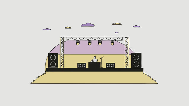 Stage equipment includes a DJ console, large speakers, and overhead lighting rigs set up for an outdoor musical performance.