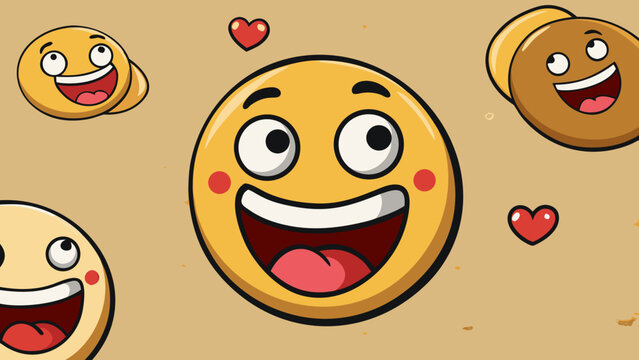Emoji face with a wide grin and flushed cheeks floats alongside smaller happy icons and red hearts.