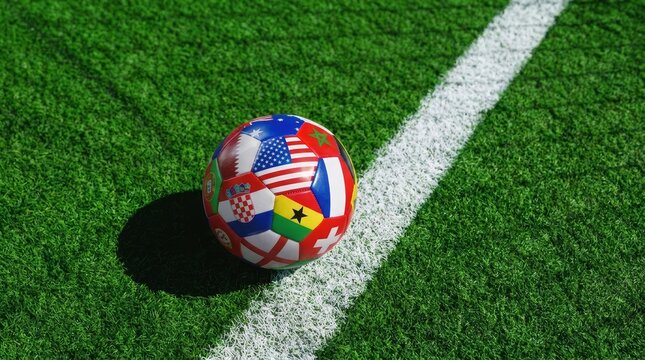 global flags soccer ball on green pitch with white boundary line, symbolizing international competition.