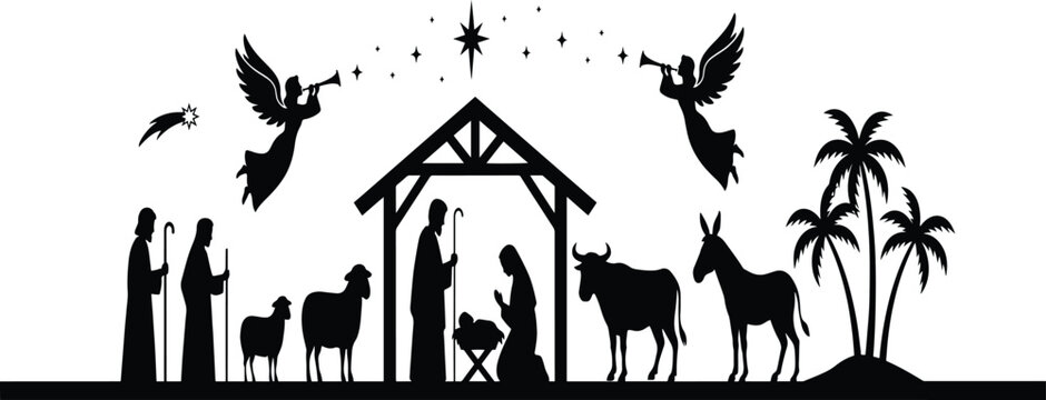 Classic Christmas Nativity Scene Silhouette, Holy Family and Manger Animals Vector, Modern Birth of Christ Silhouette Collection, Minimalist Christian Noel Clip Art, vector, illustration, silhouette.