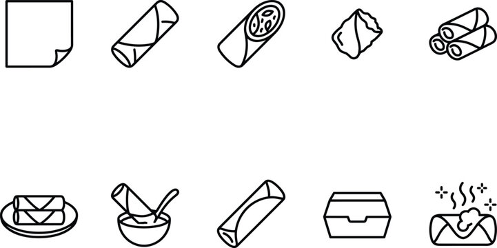 Spring rolls and dipping sauce icons in a clean outline style on a white background