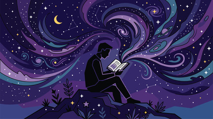 Silhouette of a person reading a book under a starry night sky with swirling cosmic clouds. © shat