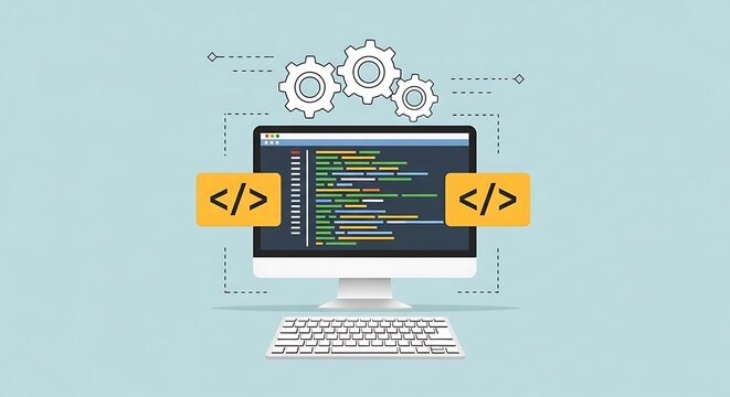 A computer screen displays coding on a desk in an office with HTML tags and gears floating around it.