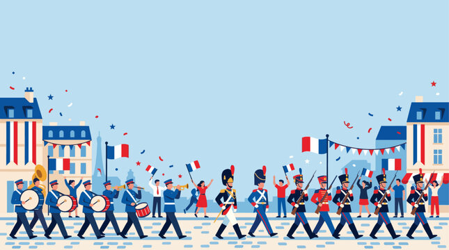 Festive Bastille Day Parade Celebration with French Soldiers Marching and Playing Music on National Holiday Streets