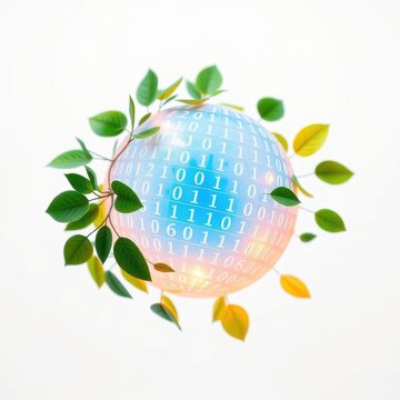 Sphere covered in binary code. Green leaves surround it, symbolizing growth, technology fusion, nature, digital world connection.