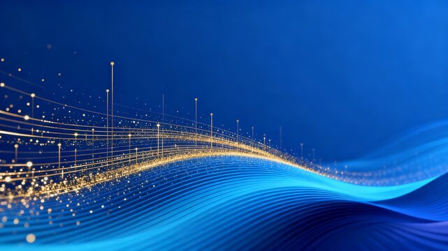Futuristic Blue Digital Wave with Golden Light Particles on Dark Technology Background