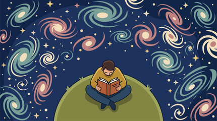 Person reading a book on a small planet surrounded by colorful galaxies and stars in outer space. © shat