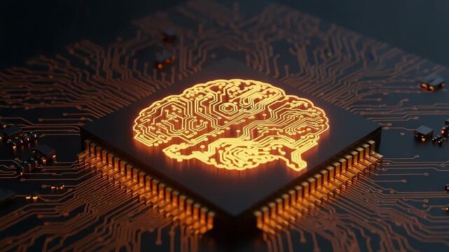 Digital Brain on Circuit Board An intricate illustration depicts a glowing digital brain circuitry overlaid on a microchip symbolizing artificial intelligence and advanced technology