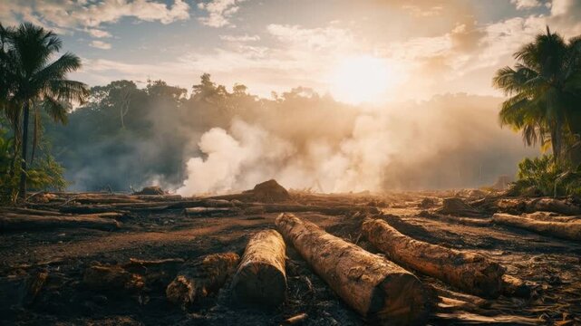 Sunrise over tropical rainforest landscape with cut tree trunks and smoke rising from forest floor in early morning haze, environmental impact concept