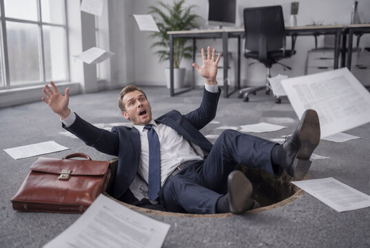 Businessman Falling Into Unexpected Pitfall in Modern Office