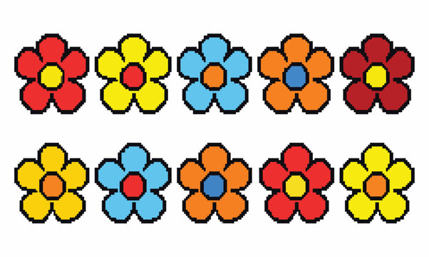 Retro 70s daisy flower icons, set of 10 colorful floral elements in EPS format, vintage hippie style bloom collection for graphic design isolated on White Background