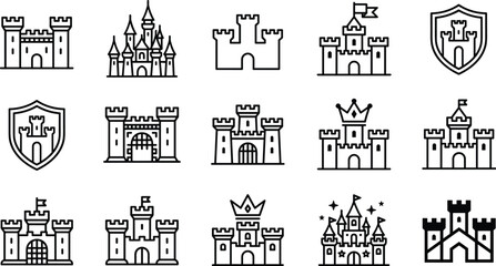 Collection of fairytale castle icons in a simple line drawing style on a white background © Mdjillur