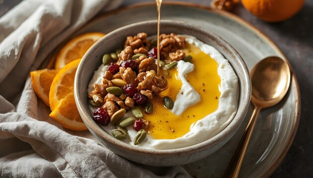Pouring honey onto a healthy Greek yogurt bowl topped with granola, pumpkin seeds, and orange curd
