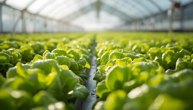 Fresh green lettuce crops growing in neat rows inside a commercial hydroponic greenhouse