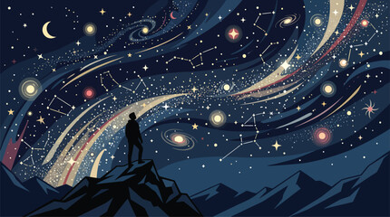 Person gazing at a vibrant starry night sky filled with constellations and galaxies. © shat