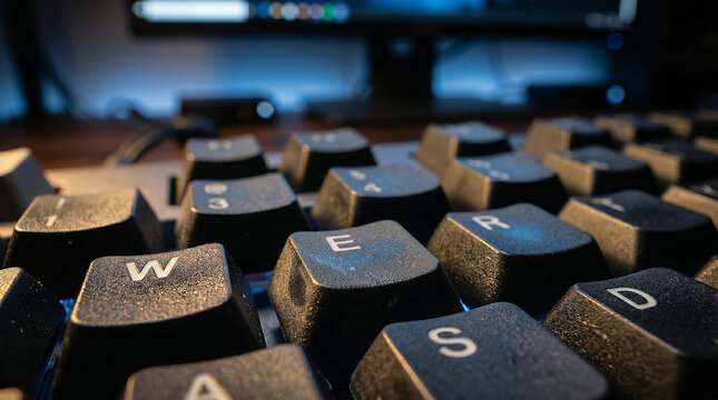 Hyperrealistic macro photo of blue computer keyboard keys captured from a low angle with shallow depth of field, highlighting modern technology and digital workspace concepts.