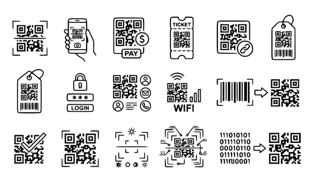 QR Code and Barcode Scanner Line Icon Set Featuring Mobile Payment Ticket Verification Wifi Connection and Digital Authentication Symbols