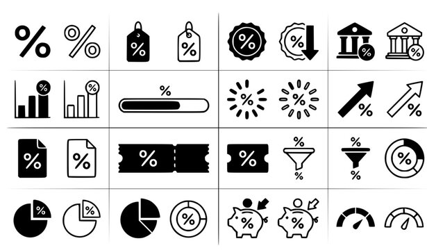 Financial Percentage and Interest Rate Icon Set Featuring Business Charts, Piggy Banks, Statistics, and Discount Symbols for Banking and Economy Designs