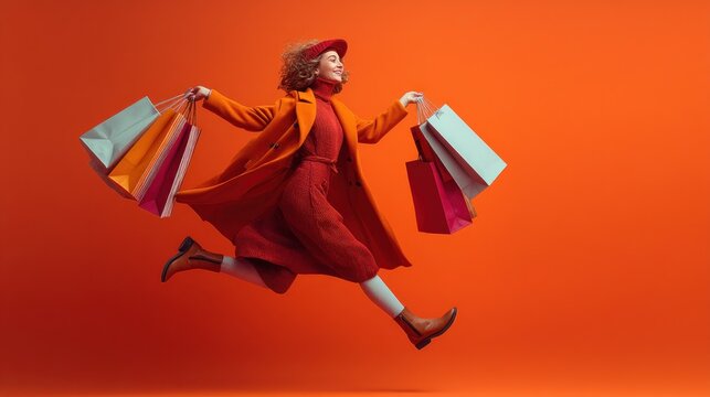 Joyful woman in red/orange outfit leaps holding shopping bags against solid orange background