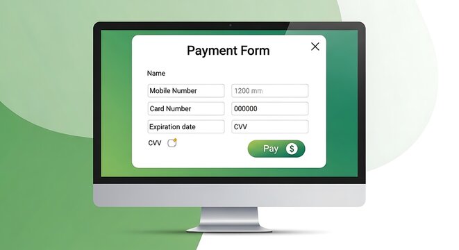 A payment form on a computer screen displays fields for user information and a green pay button on a green background.