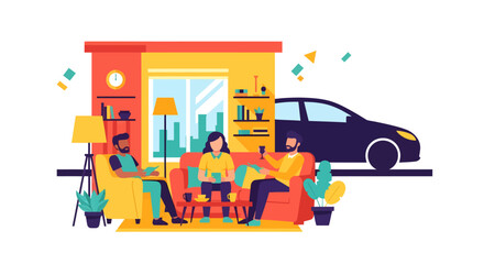 Fototapeta premium Flat vector of people socializing in a living room with an integrated car, illustrating modern mobility or car sales concepts.