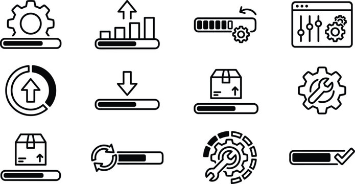 Loading progress bar icons with gear settings and upload download arrows for system status updates