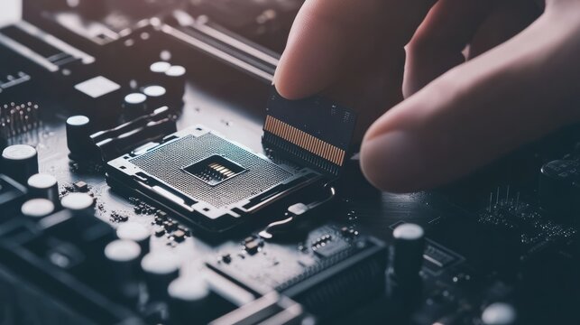 CPU, central processing unit. Hand inserting computer memory module into motherboard socket, close-up view of electronic components and circuitry. CPU emitting soft internal glow