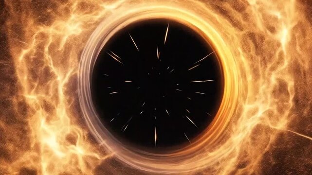 A glowing dark void surrounded by bright swirling cosmic energy