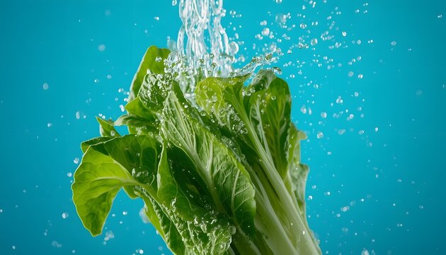 Fresh green cos lettuce washing with water splash and droplets isolated on blue background