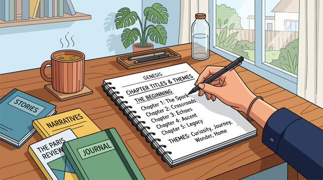 Author writing chapter titles and themes in a notebook on a desk.