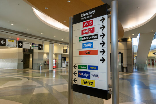 Houston, TX, USA - Apr 8, 2025: Interior view of the rental car center at George Bush Intercontinental Airport, the main international airport in Houston, Texas.