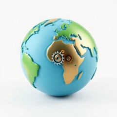 Obraz premium Globe depicts continents, gears integrated into Africa. Symbolizes global mechanics, innovation, interconnectedness. Bright colors, clean design.