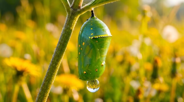 Exquisite Macro Chrysalis on Stem with Dewdrop