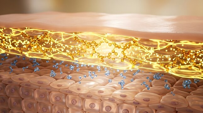Skin barrier defense with golden ceramide lipids and molecular network cross section