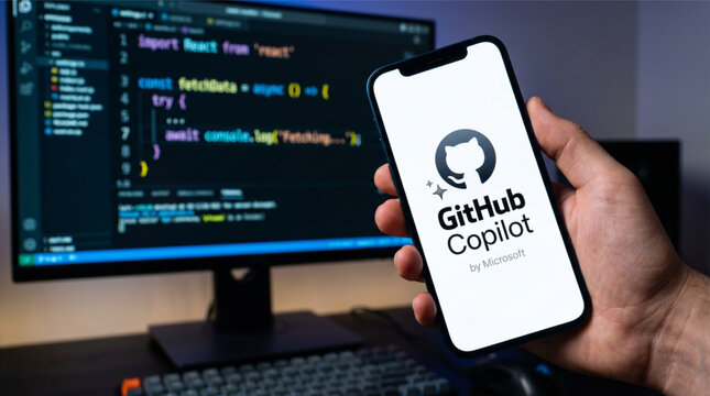 GitHub Copilot by Microsoft logo on smartphone screen held by hand. AI assistant for coding, programming and software development. Advanced generative artificial intelligence tool for automation.