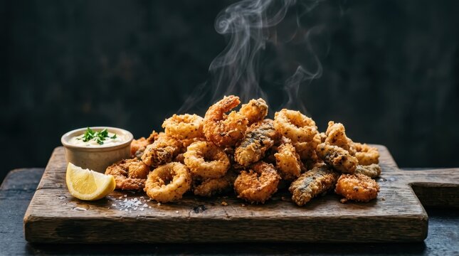 A generous platter of golden fried calamari and shrimp served steaming hot on a rustic wooden board with dipping sauce