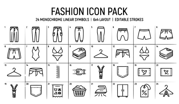 Editable fashion pants outline icon pack with trousers shorts jeans baby clothes and apparel symbols vector collection