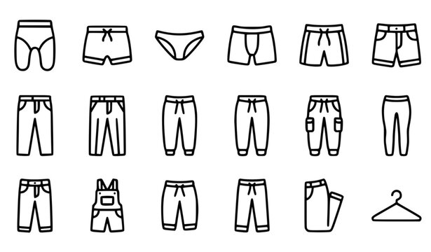 Editable pants line icon set with trousers shorts sweatpants baby clothes and fashion apparel outline vector collection