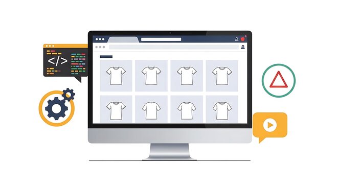 A computer monitor displays a webpage with various t-shirt designs on a screen surrounded by coding symbols and icons.