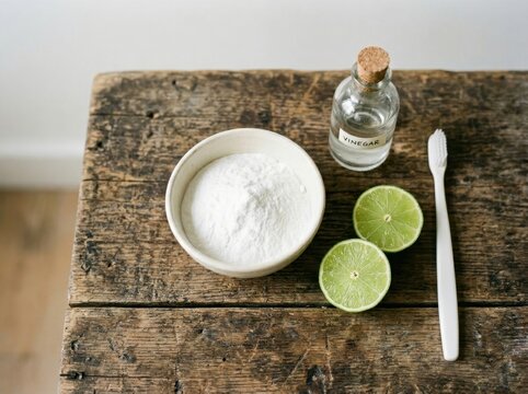 Baking soda, lime, and vinegar with toothbrush for natural cleaning paste
