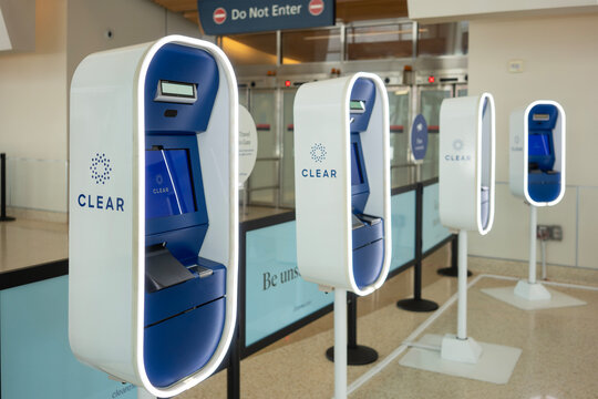 San Jose, CA, USA - May 6, 2022: CLEAR lanes at Norman Y. Mineta San Jose International Airport. CLEAR is a private biometric security screening service that allows travelers to verify their identity.