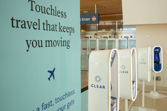 San Jose, CA, USA - May 6, 2022: CLEAR lanes at Norman Y. Mineta San Jose International Airport. CLEAR is a private biometric security screening service that allows travelers to verify their identity.