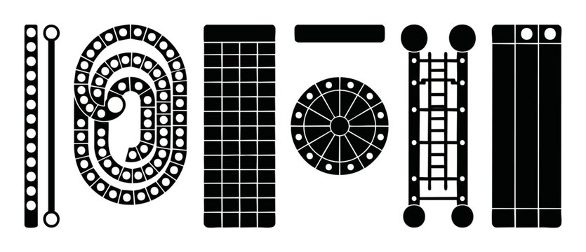 Board game template vector set featuring minimalist black silhouettes of path track grid spinner wheel and ladder layouts for tabletop gaming design elements isolated on white background decorations.