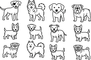 Fototapeta premium Cute Dog Breeds Vector Collection Black and White Cartoon Pet Characters Set Isolated Animal Illustration