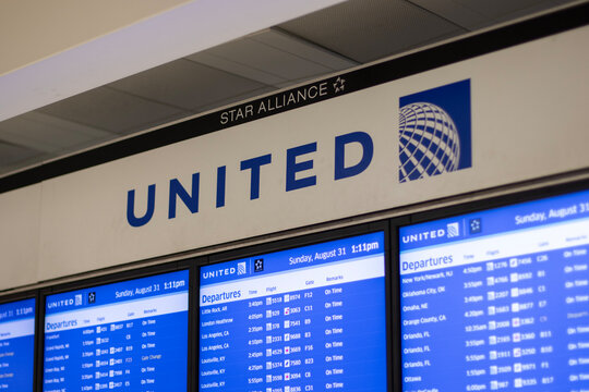 Chicago, IL, USA - Aug 31, 2025: Departures boards for United Airlines flights at Chicago O'Hare International Airport.